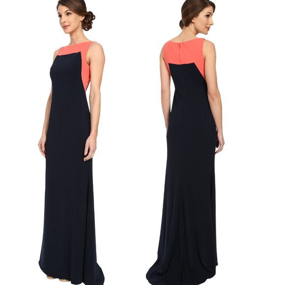 NWT BADGELY MISHCKA Women's Navy Peach Maxi Dress 2 XS Long Gown Wedding Evening - Picture 10 of 11